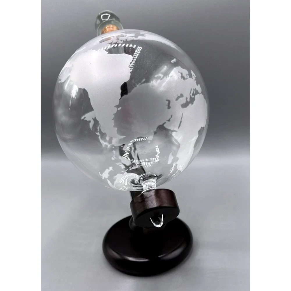 Etched Glass Rotating Globe Whiskey Decanter with Wooden Stand 850ml Barware